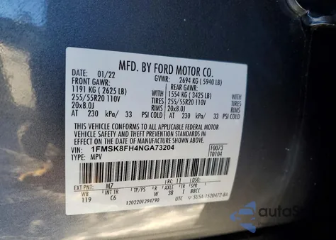 2022 Ford Explorer Limited z USA, uszkodzony, nr VIN 1FMSK8FH4NGA73204